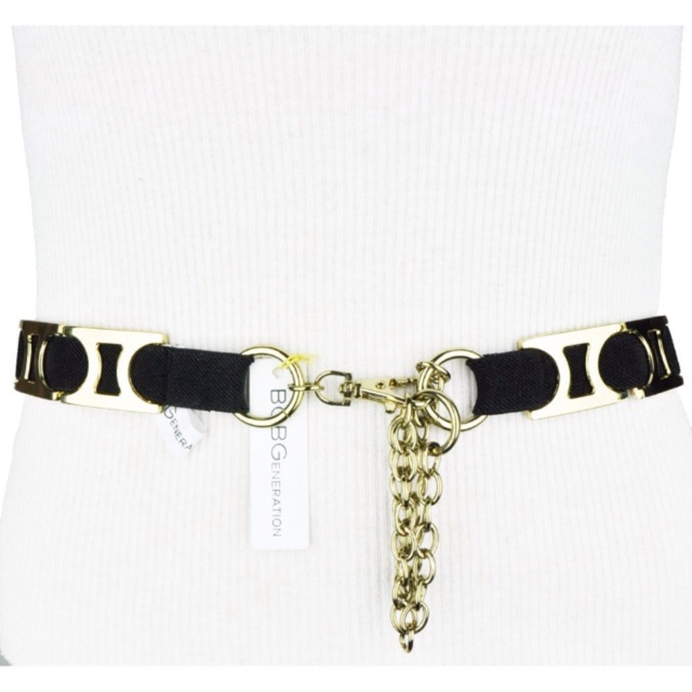BCBGENERATION WAIST BELT GOLD TONED BLACK ELASTIC